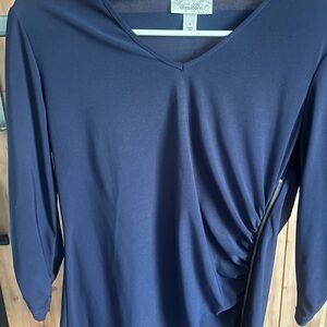Dressbarn Blue Asymmetrical Ruched 3/4 Sleeve Blouse